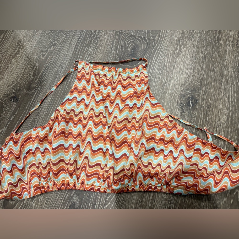 Faithfull the Brand OTTICA CROPPED PRINTED LINEN HALTERNECK TOP IN ORANGE Size M